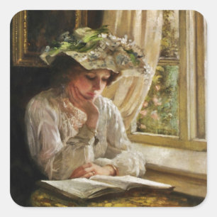 Lady Reading by a Window Square Sticker