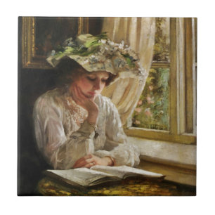 Lady Reading by Window Tile