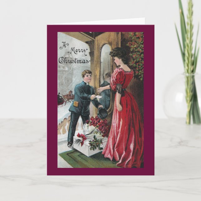 Lady Receives Christmas Delivery Holiday Card (Front)