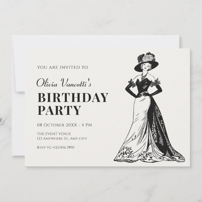 Lady Retro Vintage elegant dress birthday Invitation (Front)