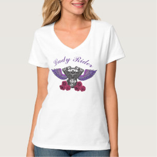 Lady Rider Motorcycle Engine Wings Roses T-Shirt
