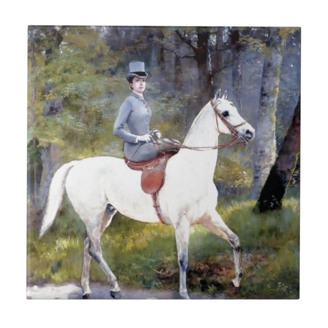 Lady Riding White Horse Painting Tile (Front)