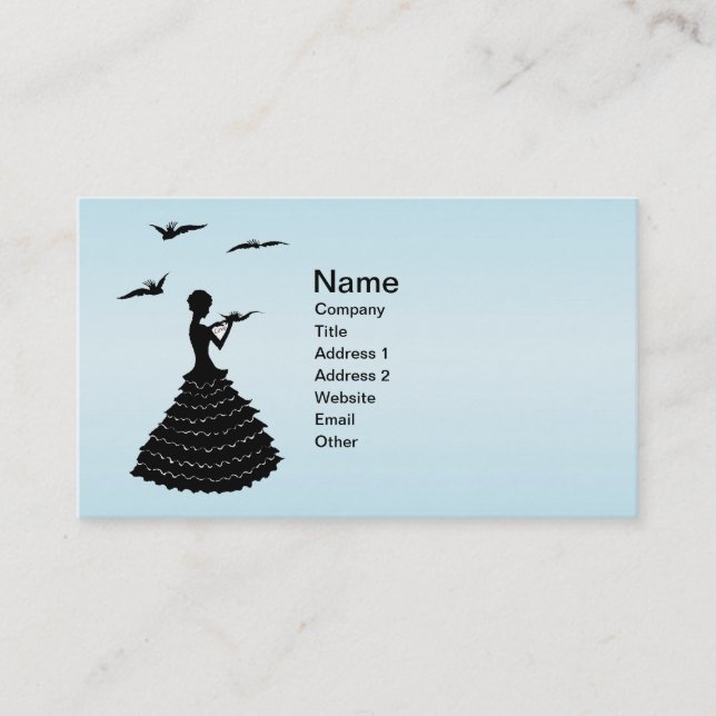 Lady Ruffled Dress Fancy Doves in Black Silhouette Business Card (Front)