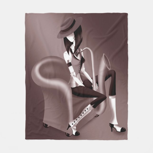 Lady Saxophonist - Jazz-Inspired Fleece Blanket (Front)