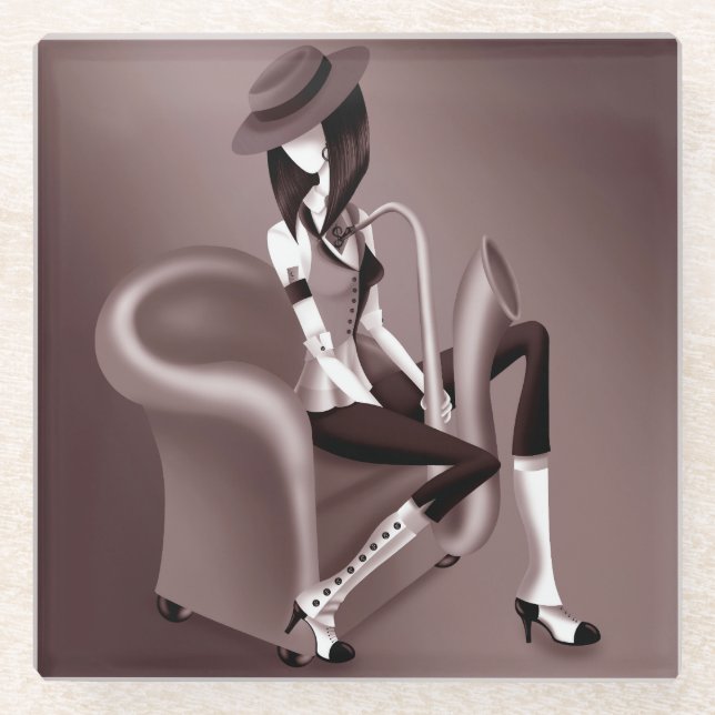 Lady Saxophonist - Jazz-Inspired Glass Coaster (Front)