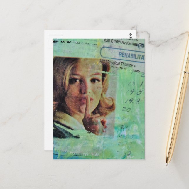 Lady says quiet Mixed Media Collage Postcard (Front/Back In Situ)