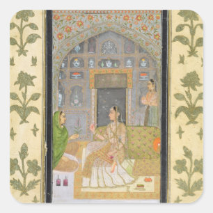 Lady seated in a Pavilion with attendants, from th Square Sticker