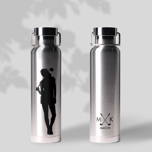 Lady Silver With Black   Modern Golfer Monogram Water Bottle