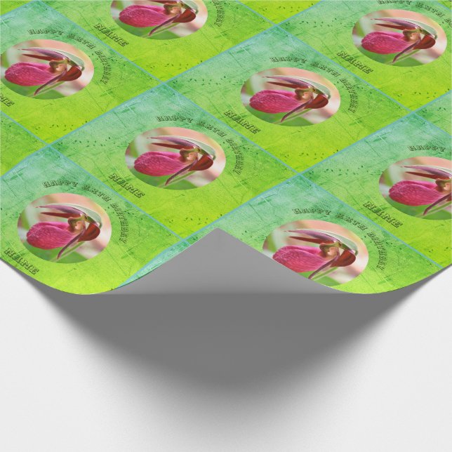 Lady Slipper Orchid Personalised Birthday  Wrapping Paper (Corner)