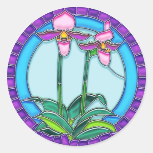 Image of Lady Slipper Orchids in Circular Stained Glass Classic Round Sticker