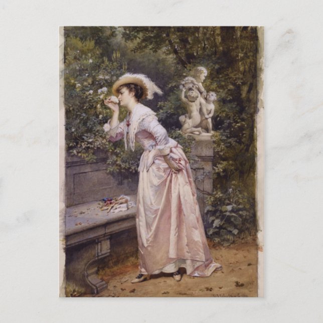 Lady Smelling Roses Postcard (Front)