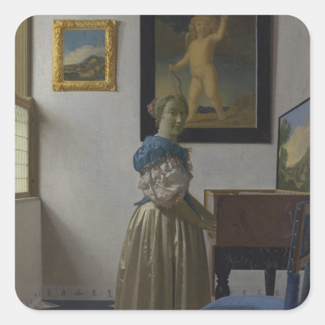 Lady Standing at a Virginal by Johannes Vermeer Square Sticker (Front)