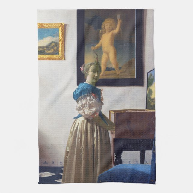 Lady Standing at a Virginal, Johannes Vermeer Tea Towel (Vertical)