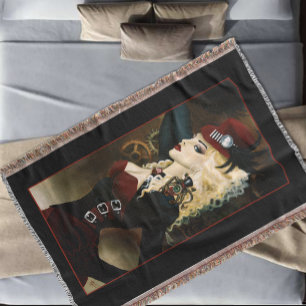 Lady Steampunk Victorian Red Throw Blanket