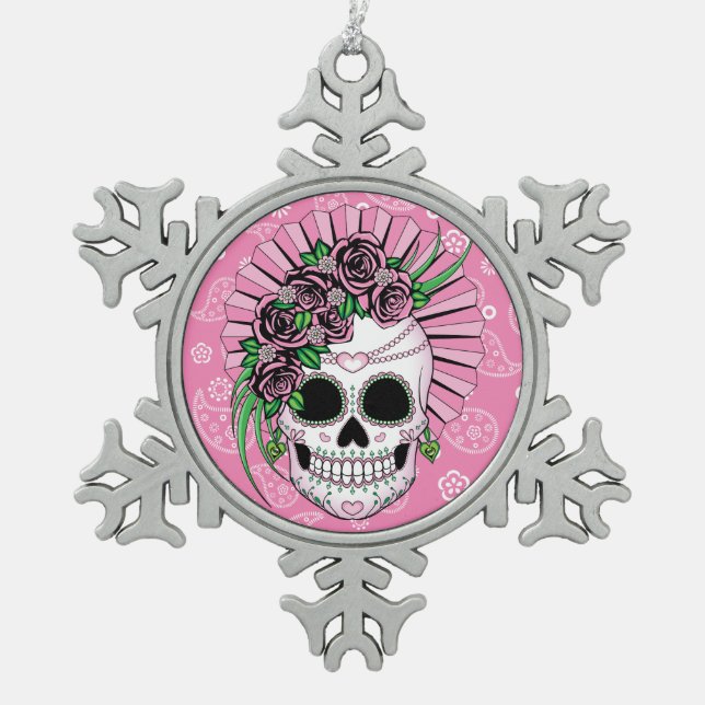 Lady Sugar Skull Snowflake Pewter Christmas Ornament (Front)