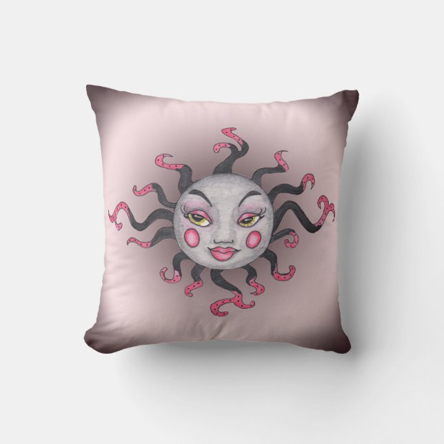 Lady Sun Face Pink Cheeks Black Pink Scroll Rays Cushion (Front)