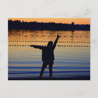 lady sunset silhouette postcard
