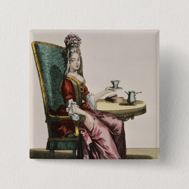Lady Taking Coffee, fashion plate, c.1695 (engravi 15 Cm Square Badge (Front)