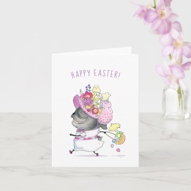 Lady Tulip black pug Easter card (Orchid)