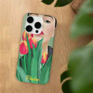 Lady & Tulip Green Orange Modern Graphic Painting iPhone 16 Pro Case