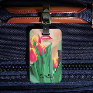 Lady & Tulip Green Orange Modern Graphic Painting Luggage Tag