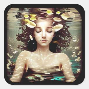 Lady Under Water,   AI Generated Artwork Square Sticker