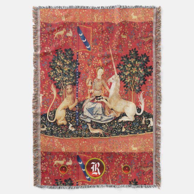 LADY,UNICORN Lion,Fantasy Flowers,Animals Monogram Throw Blanket (Front Vertical)