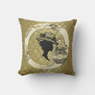 Lady w/Hat Vintage Frame & Flowers Gold Damask Cushion