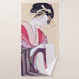 Lady Wakazuru of Wakamatsuya, Utamaro, Ukiyoe Bath Towel