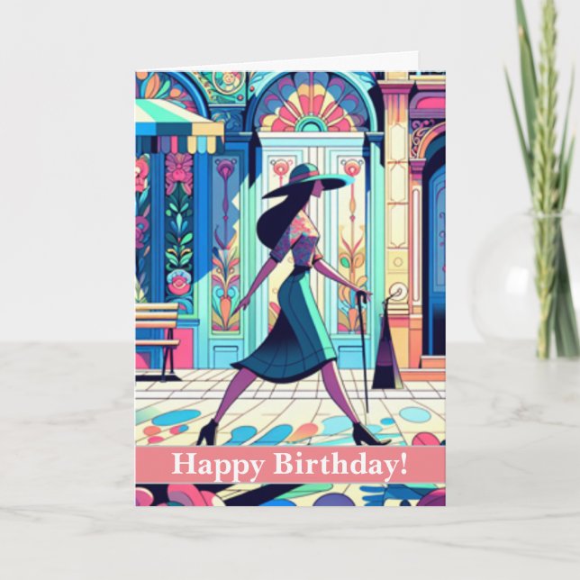 Lady Walking - Happy Birthday Card (Front)