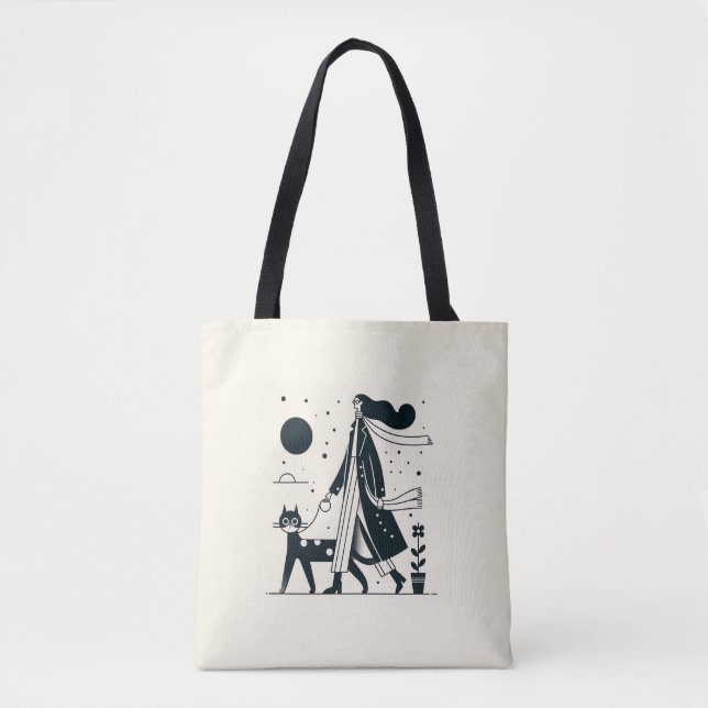 Lady walking her cat Tote Bag (Front)