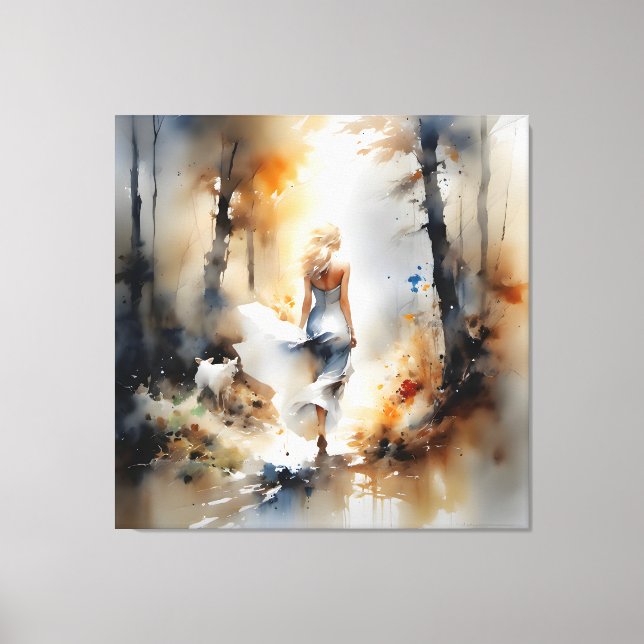 Lady Walking Through A Forest Canvas Print (Front)