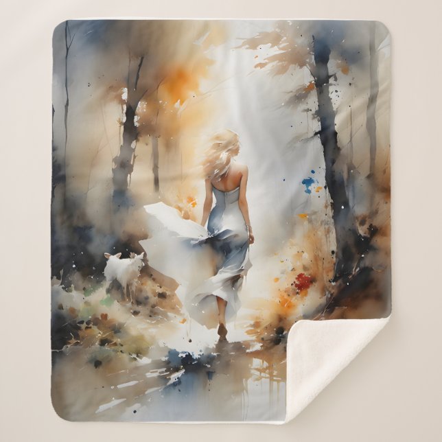 Lady Walking Through A Forest Sherpa Blanket (Front)