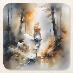 Lady Walking Through A Forest Square Paper Coaster