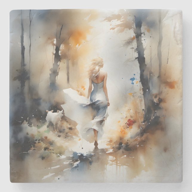 Lady Walking Through A Forest Stone Coaster (Front)