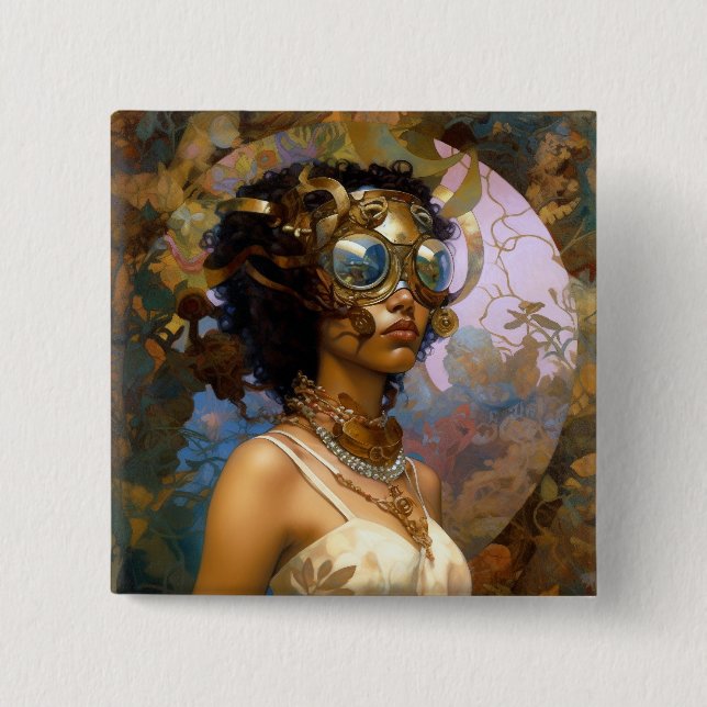 Lady Wearing Goggles Black Fantasy Sci-Fi  15 Cm Square Badge (Front)