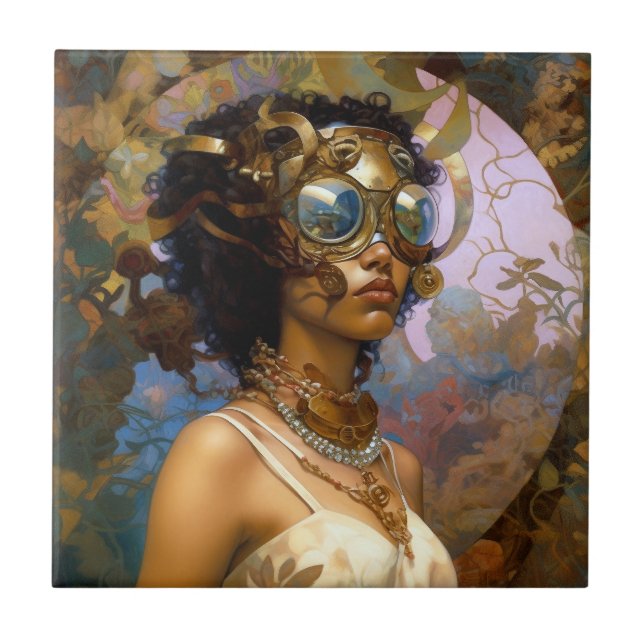 Lady Wearing Goggles Black Fantasy Sci-Fi  Tile (Front)