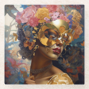 Lady Wearing Mask Black Fantasy Art Glass Coaster