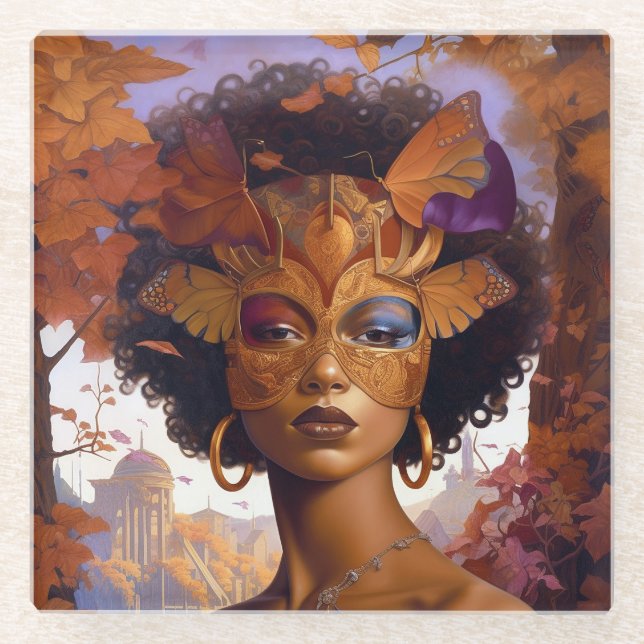Lady Wearing Mask Black Fantasy Art Glass Coaster (Front)