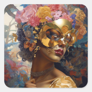 Lady Wearing Mask Black Fantasy Art Square Sticker
