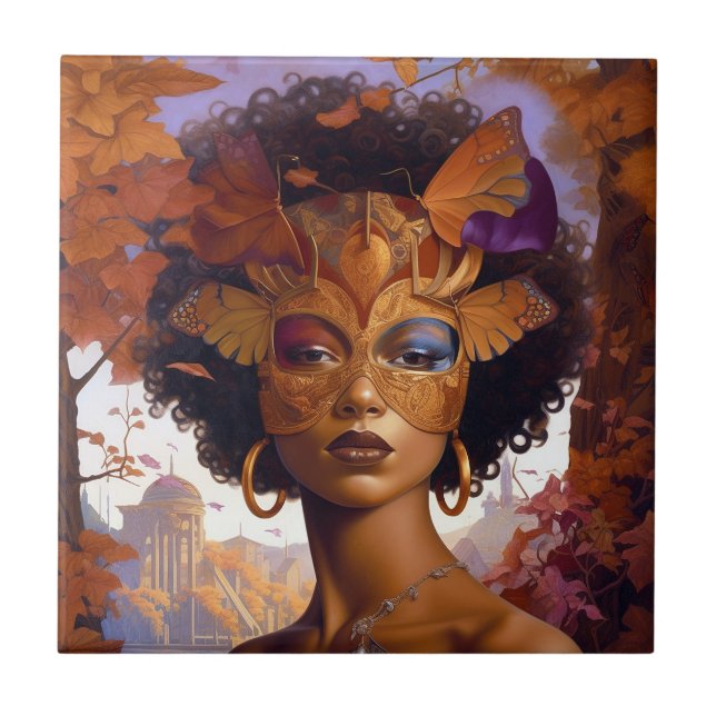 Lady Wearing Mask Black Fantasy Art Tile (Front)