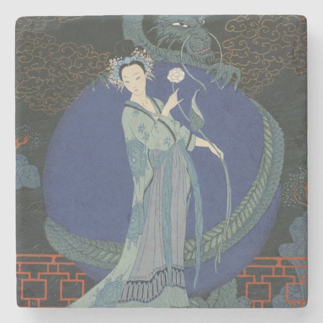 Lady with a Dragon (colour litho) Stone Coaster (Front)