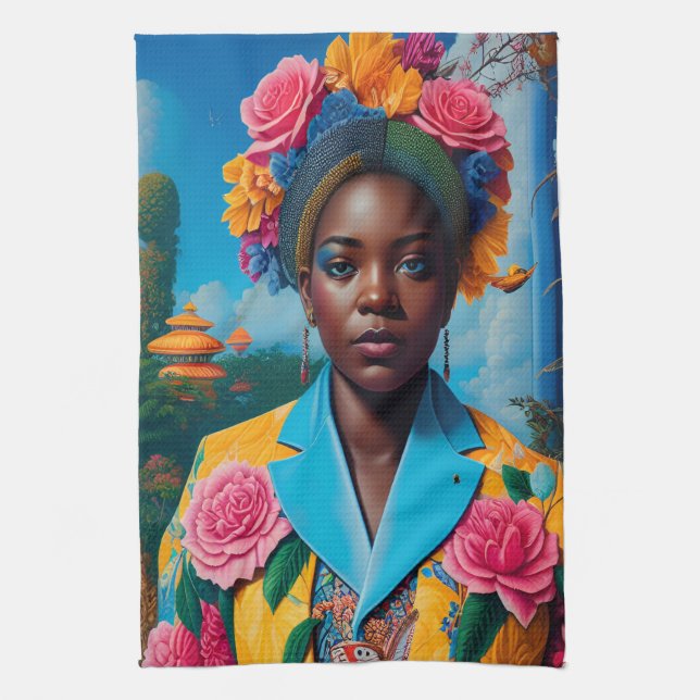 Lady with a floral suit jacket tea towel (Vertical)