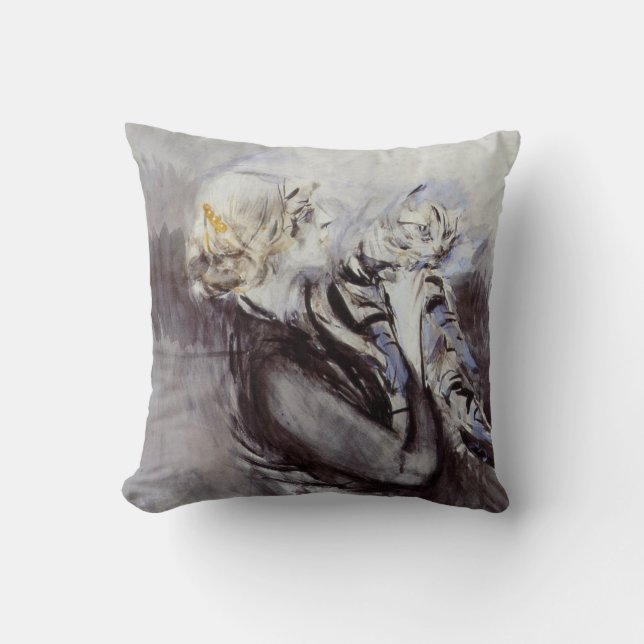 Lady with a Grey Cat (by Giovanni Boldini) Cushion (Front)