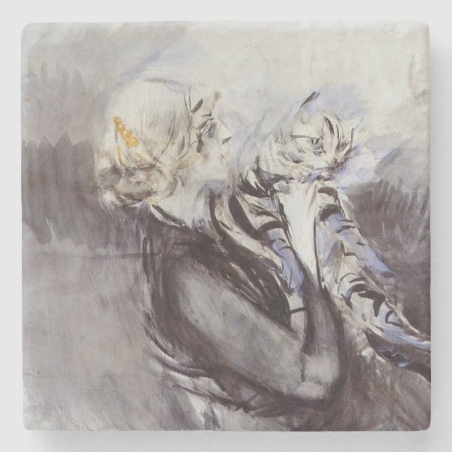 Lady with a Grey Cat (by Giovanni Boldini) Stone Coaster (Front)