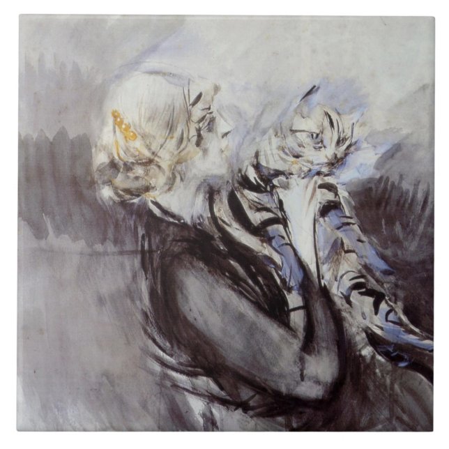 Lady with a Grey Cat (by Giovanni Boldini) Tile (Front)