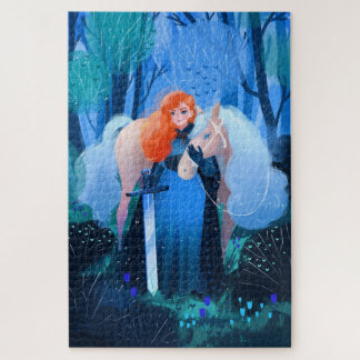 Lady with a Sword and White Horse Jigsaw Puzzle