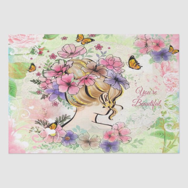 Lady With Beautiful Flowers Decoupage Personalised Tissue Paper (Front)