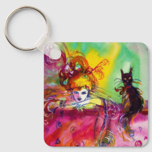 LADY WITH BLACK CAT Mardi Gras Masquerade Key Ring