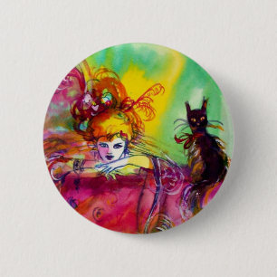 LADY WITH BLACK CAT /Mardi Gras  Masquerade Party 6 Cm Round Badge
